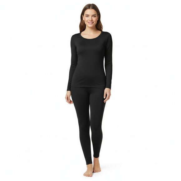 Women's Microfiber Fleece Lined Thermals 2-pc Set, Black - Picture 1 of 3